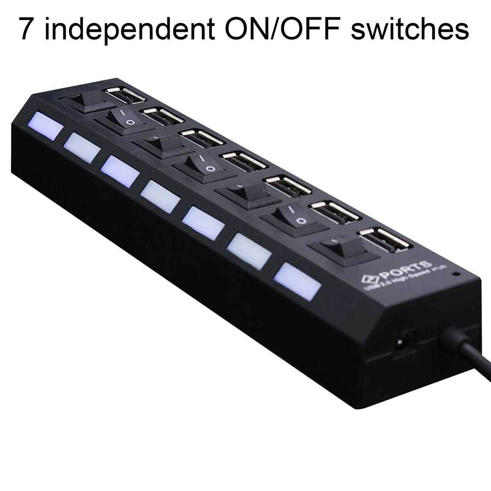 Ladrón Hub USB 2.0 de Datos con 7 Puertos Interruptores LEDs Individuales Negro Concentrador Splitter para PC Portátil