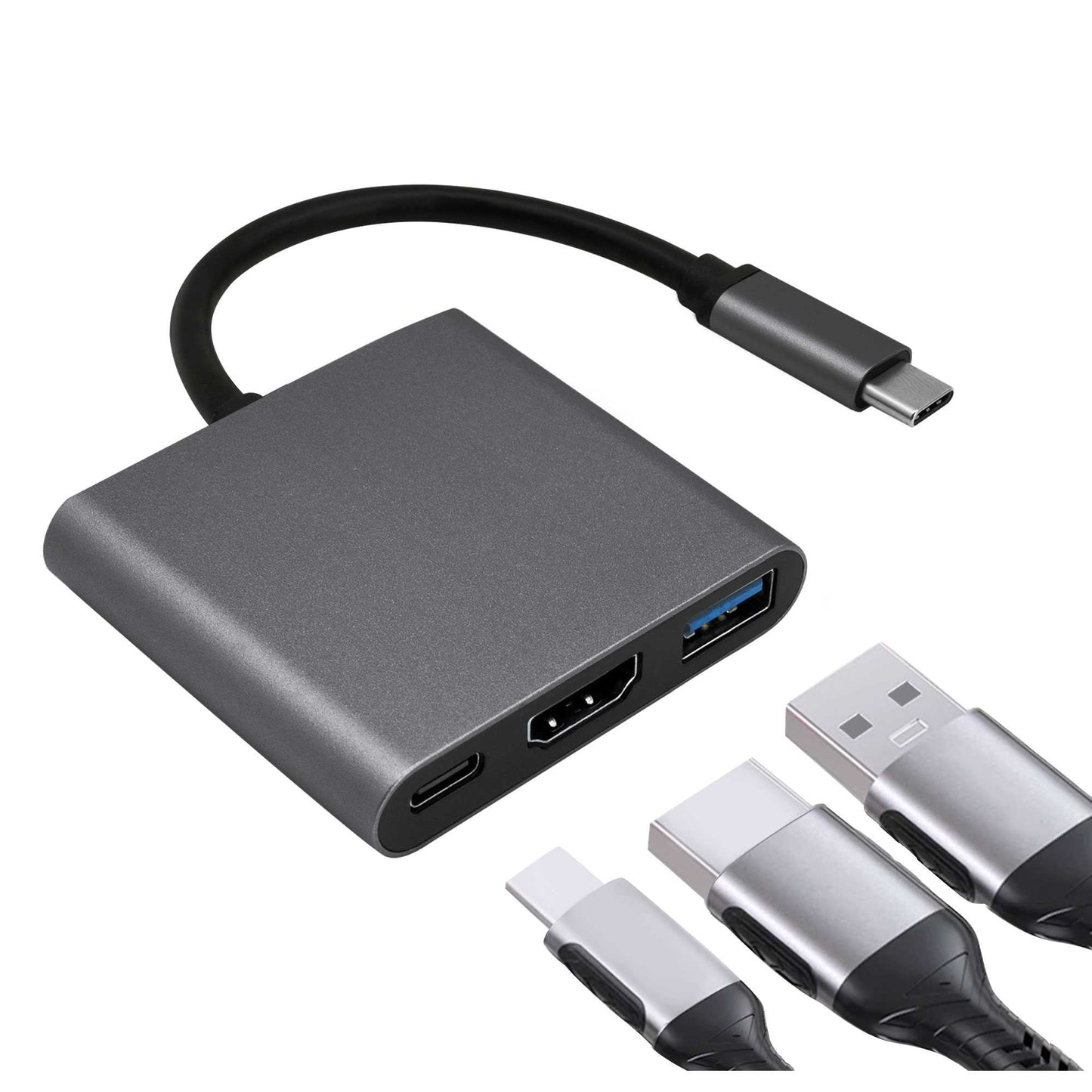 Adaptador de USB 3.1 Tipo C Macho a USB Type A y Salida HDTV Hembras Audio Video Transferencia Datos Gris Negro Cable Conversor USB Tipo C 3.1 Multipuerto Adapter Converter
