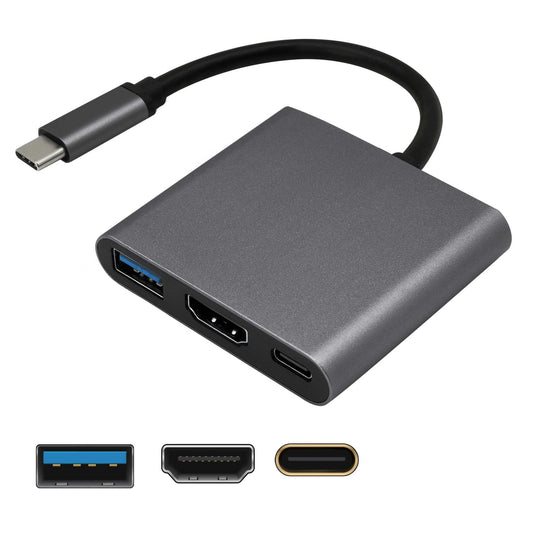 Adaptador de USB 3.1 Tipo C Macho a USB Type A y Salida HDTV Hembras Audio Video Transferencia Datos Gris Negro Cable Conversor USB Tipo C 3.1 Multipuerto Adapter Converter