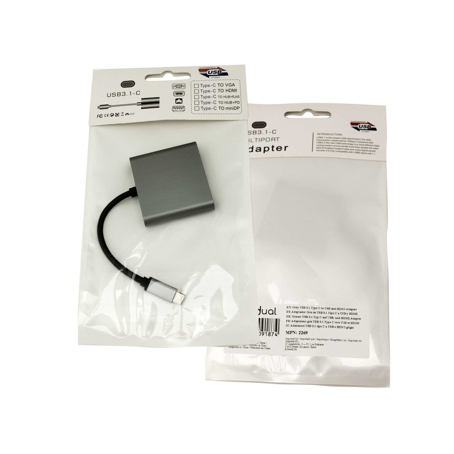 Adaptador de USB 3.1 Tipo C Macho a USB Type A y Salida HDTV Hembras Audio Video Transferencia Datos Gris Negro Cable Conversor USB Tipo C 3.1 Multipuerto Adapter Converter