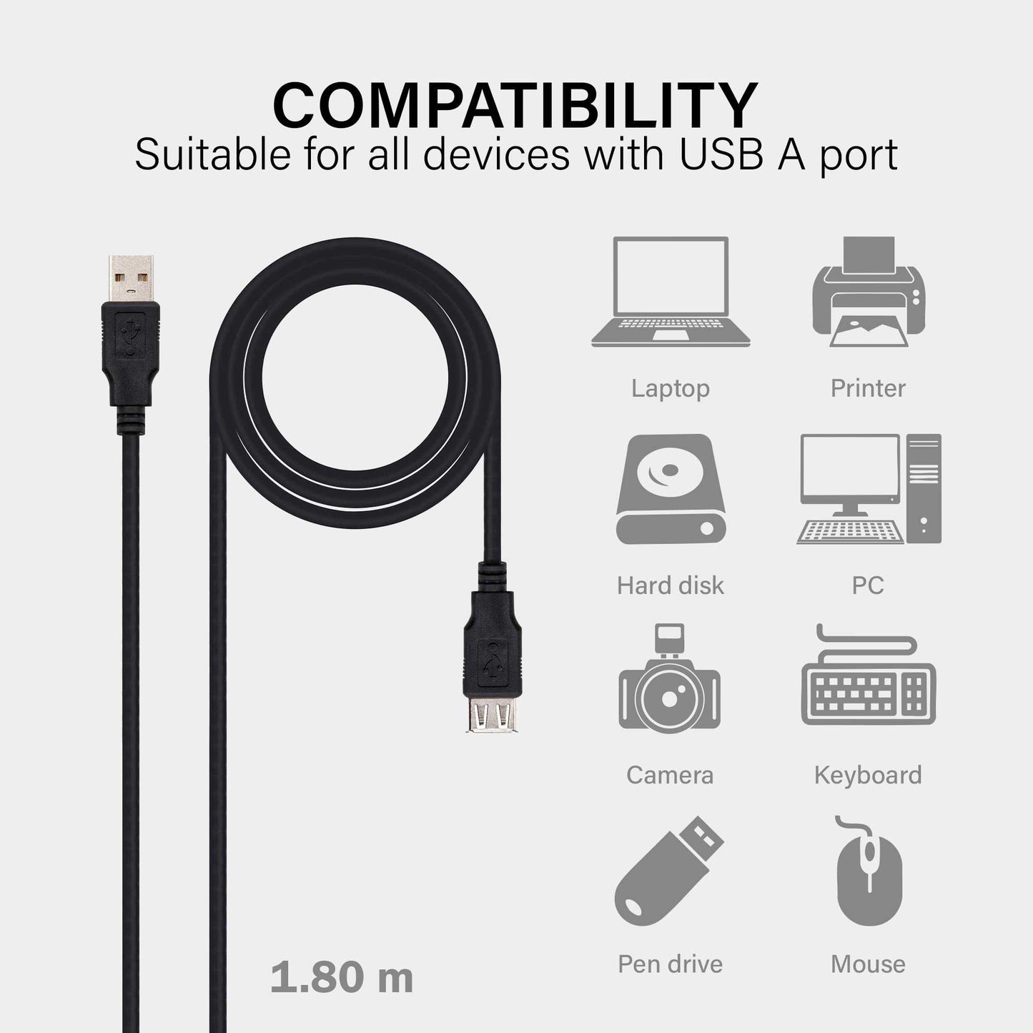 Cable de Extension Conector USB 2.0 Tipo A de Macho Hembra Negro 1.4m Latiguillo Alargador Prolongador Extensor M/H