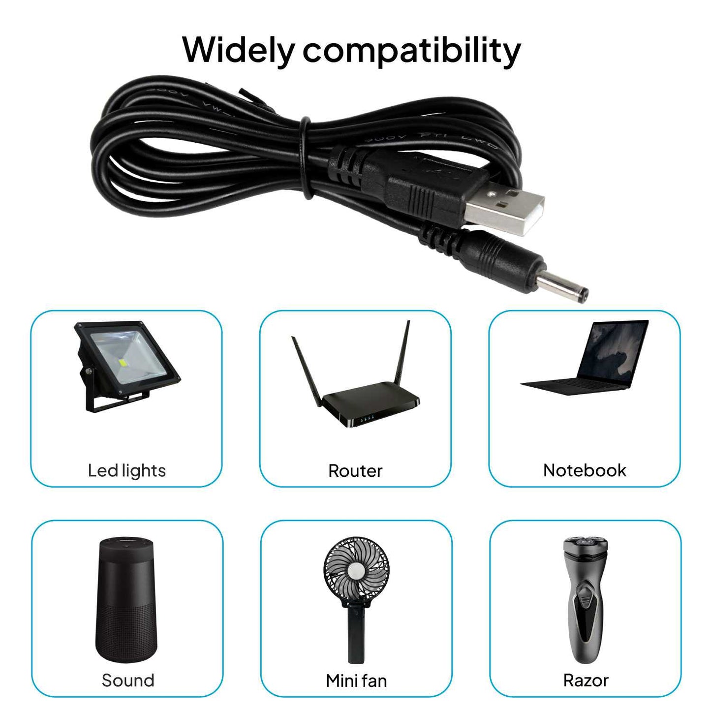 Cable USB Cargador para Tablet Android MP3 3.5mm 5V 2A Alimentacion DC Negro