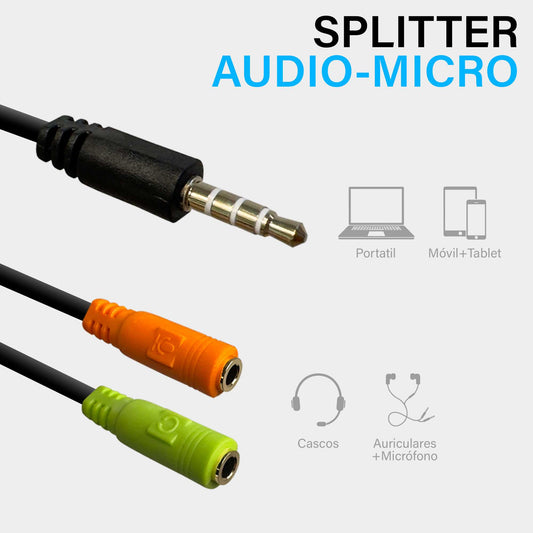 Cable Adaptador Separador Splitter Divisor Audio Y Micrófono Conector Jack 3.5mm 1Macho-2Hembra para Mando Consolas