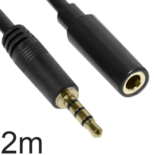 Cable de Audio con Micro 2m Negro Alargador Mini Jack 3.5mm OMTP TRRS 4 Polos Macho a Hembra Estéreo para Teléfonos PC