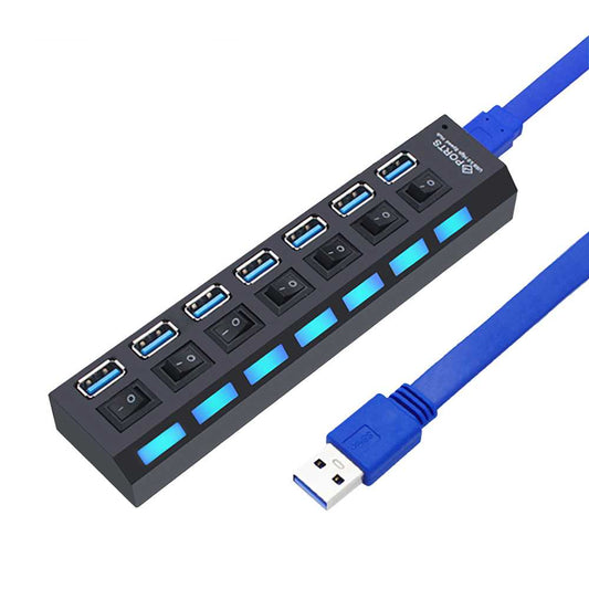 Ladrón HUB USB 3.0 de 7 Puertos Negro Alta Velocidad con Interruptor de Encendido y Apagado para Windows, Mac Os, Linux, PC y Ordenador Portatil