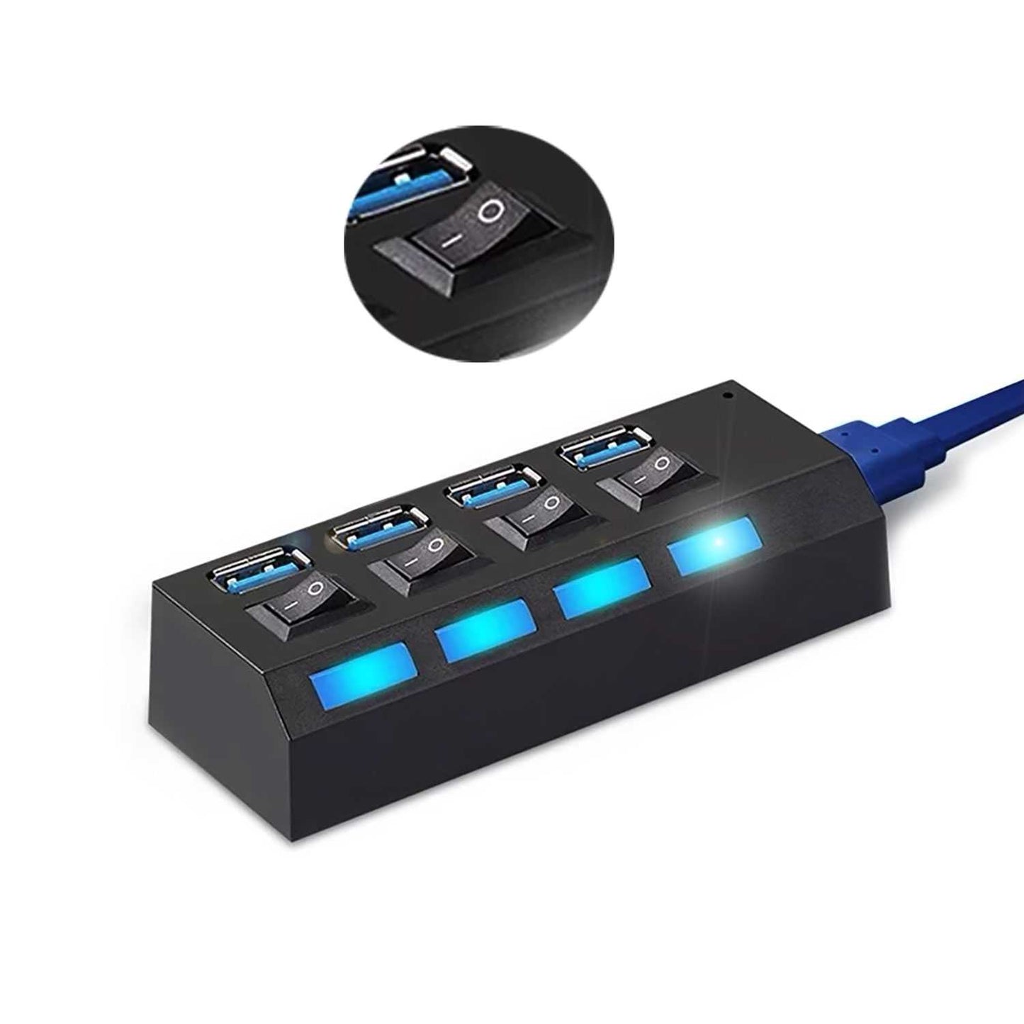 Ladrón HUB USB 3.0/2.0 de 4 Puertos Negro Alta Velocidad con Interruptor de Encendido y Apagado para Windows, Mac Os, Linux, PC y Ordenador Portatil