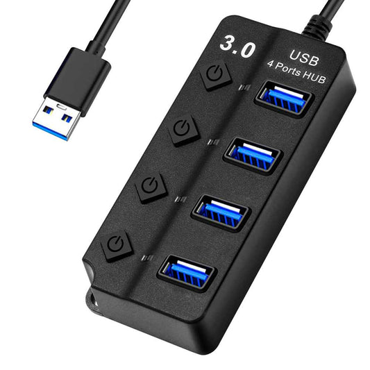 Hub Adaptador 4 Tomas USB 3.0 Botones ON/OFF Negro para PC Ordenador Portatil Interruptores Independientes con Luz LED