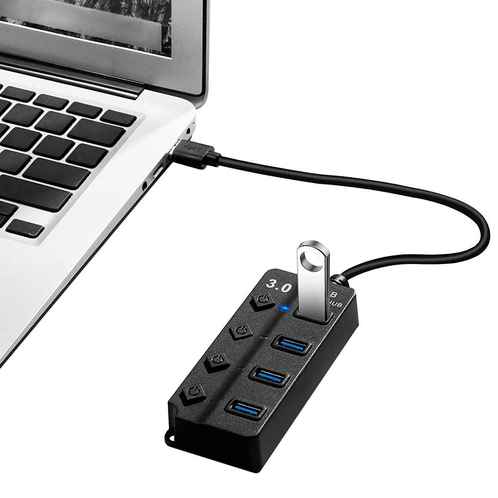 Hub Adaptador 4 Tomas USB 3.0 Botones ON/OFF Negro para PC Ordenador Portatil Interruptores Independientes con Luz LED