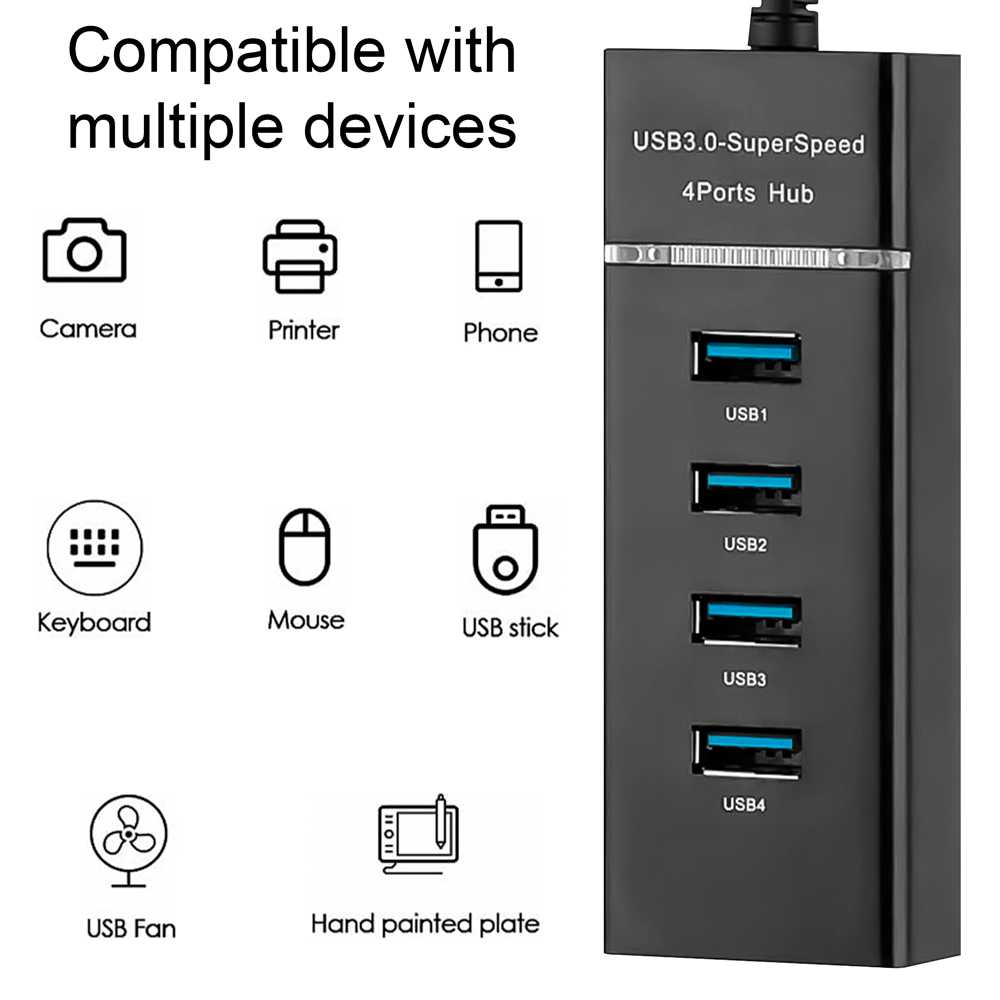 Hub 4 Puertos USB Tipo A 3.0+2.0 Iluminacion con Luz LED Splitter Negro para PC Ordenador de Mesa Portatil Adaptador Concentrador Entradas