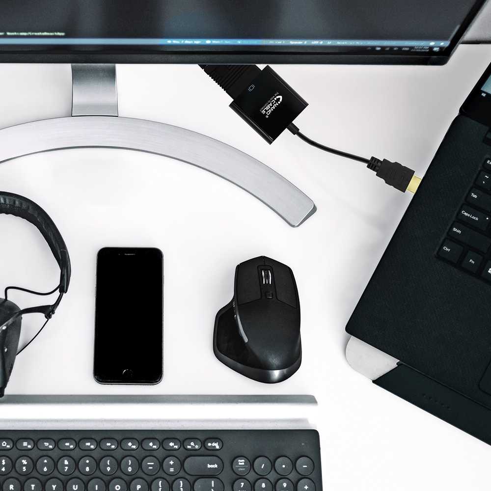 Nanocable 10.16.2001-BK Adaptador de HDMI a VGA M/H con Audio Alimentación Negro Conversor Sonido Jack 3.5mm para PC