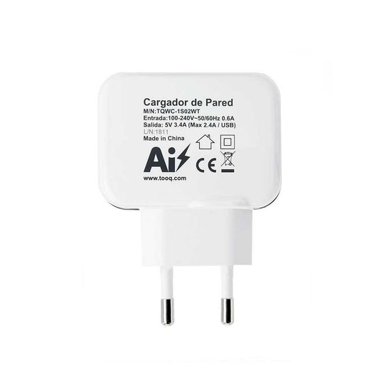 Tooq TQWC-1S02WT Cargador de Pared Red 17W 3.4A Doble USB 5V para Smartphones Tablets Blanco Adaptador Carga Corriente