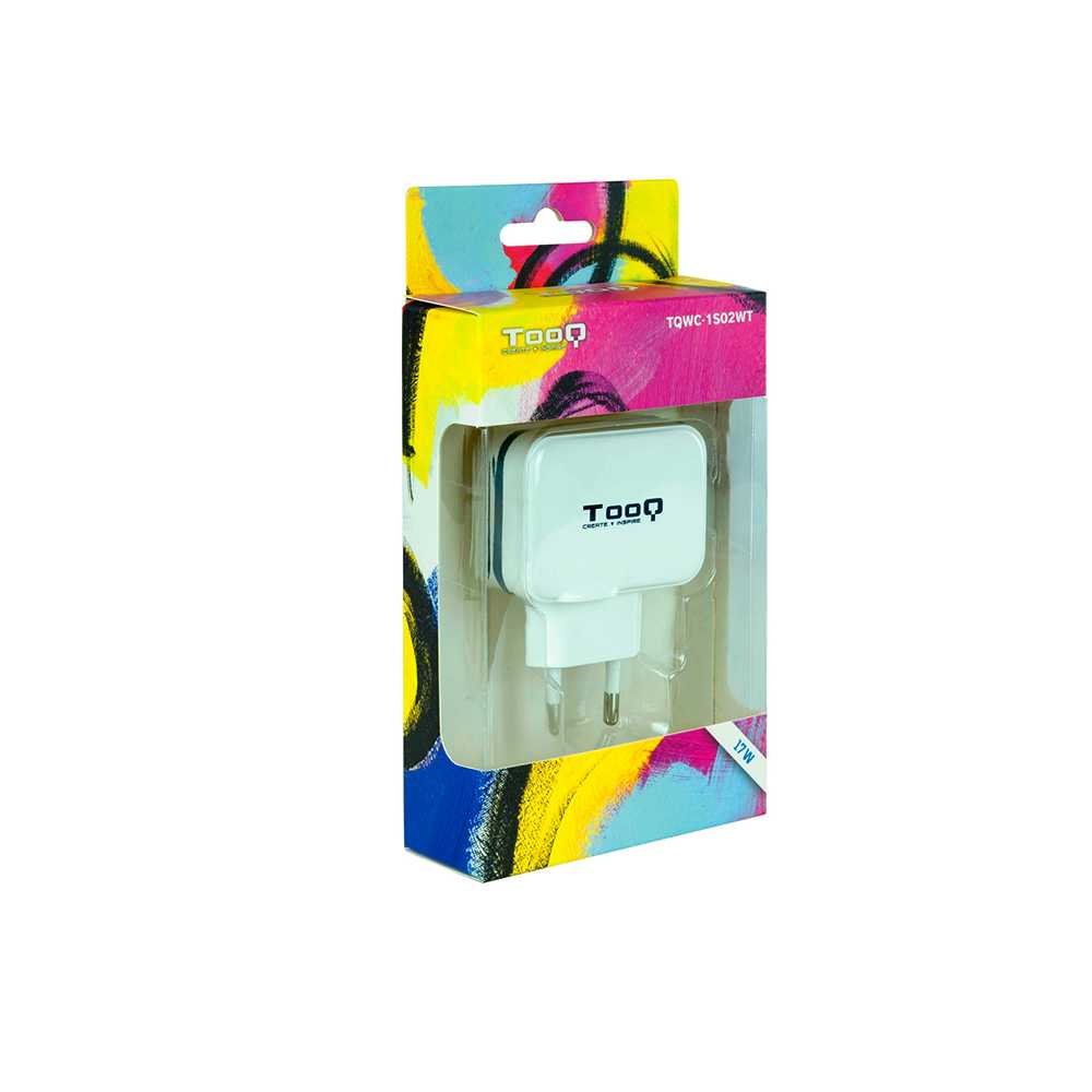 Tooq TQWC-1S02WT Cargador de Pared Red 17W 3.4A Doble USB 5V para Smartphones Tablets Blanco Adaptador Carga Corriente