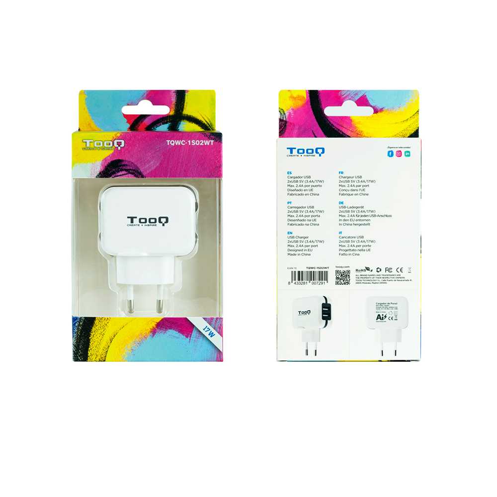 Tooq TQWC-1S02WT Cargador de Pared Red 17W 3.4A Doble USB 5V para Smartphones Tablets Blanco Adaptador Carga Corriente