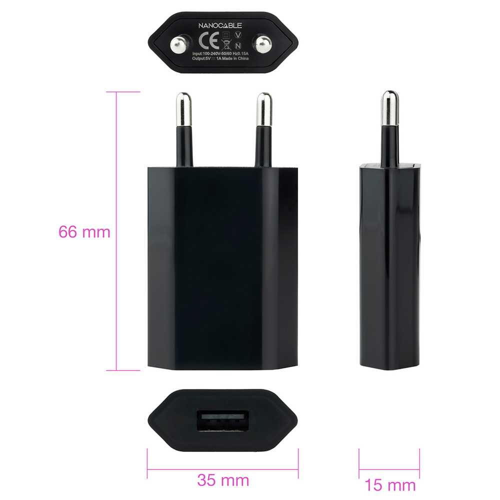 NANOCABLE Cargador de Pared USB 5W Negro 10.10.2002 5V 1A Alimentador Carga Adaptador Red Compacto para Smartphones