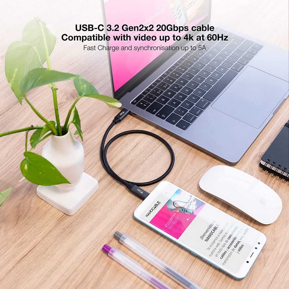 NANOCABLE Cable USB 3.2 Gen2x2 USB-C/M-USB-C/M, Negro, 0.5 m, 20Gbps 5A/100W 4K/60Hz