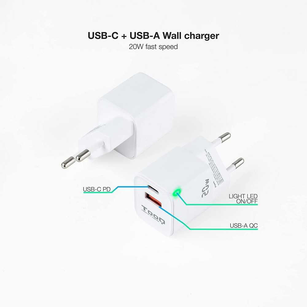 TooQ Cargador de Pared con 2 Puertos, USB-C PD y USB-A QC 20W, Carga Rápida Color Blanco