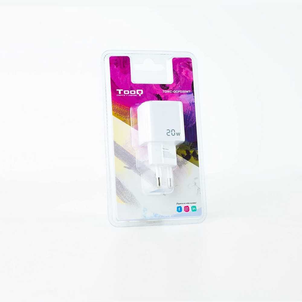 TooQ Cargador de Pared con 2 Puertos, USB-C PD y USB-A QC 20W, Carga Rápida Color Blanco