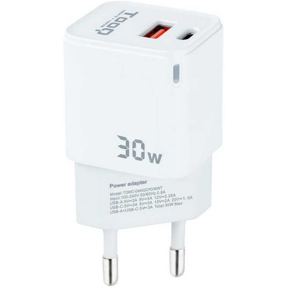 TOOQ Cargador de Pared de 2 Puertos USB-C PD y Otro Puerto USB-A QC de 30W