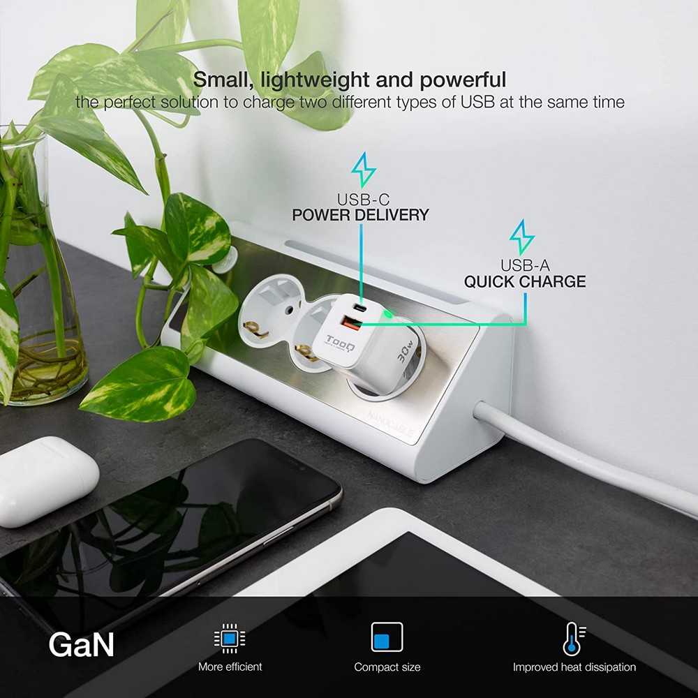 TOOQ Cargador de Pared de 2 Puertos USB-C PD y Otro Puerto USB-A QC de 30W
