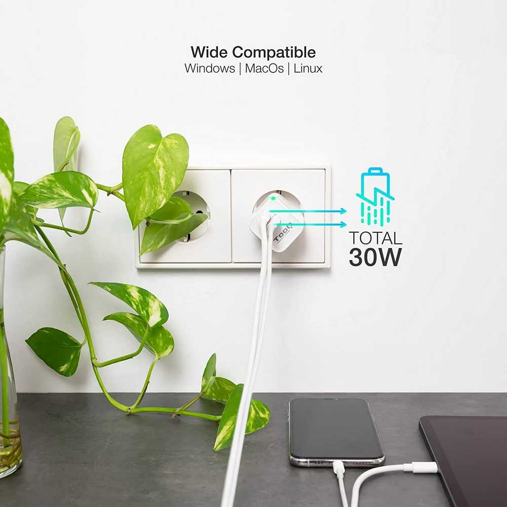 TOOQ Cargador de Pared de 2 Puertos USB-C PD y Otro Puerto USB-A QC de 30W