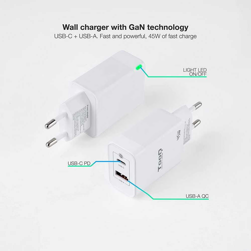 TOOQ Cargador de Pared con Puerto USB-C y Otro Puerto USB-A 45W