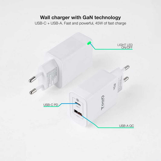 TOOQ Cargador de Pared con Puerto USB-C y Otro Puerto USB-A 45W