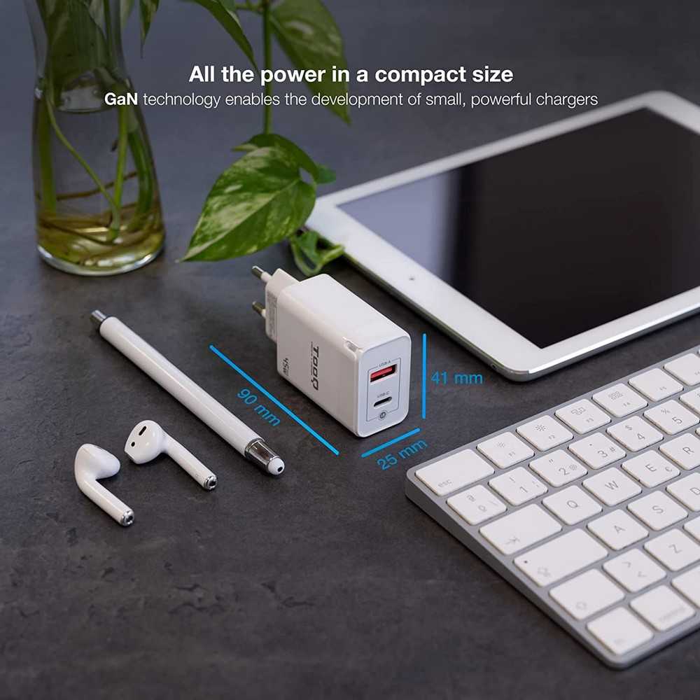 TOOQ Cargador de Pared con Puerto USB-C y Otro Puerto USB-A 45W
