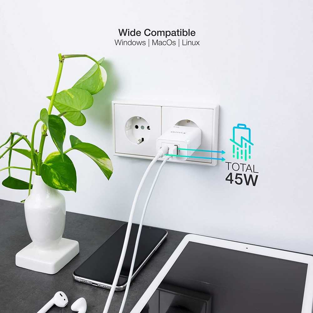 TOOQ Cargador de Pared con Puerto USB-C y Otro Puerto USB-A 45W