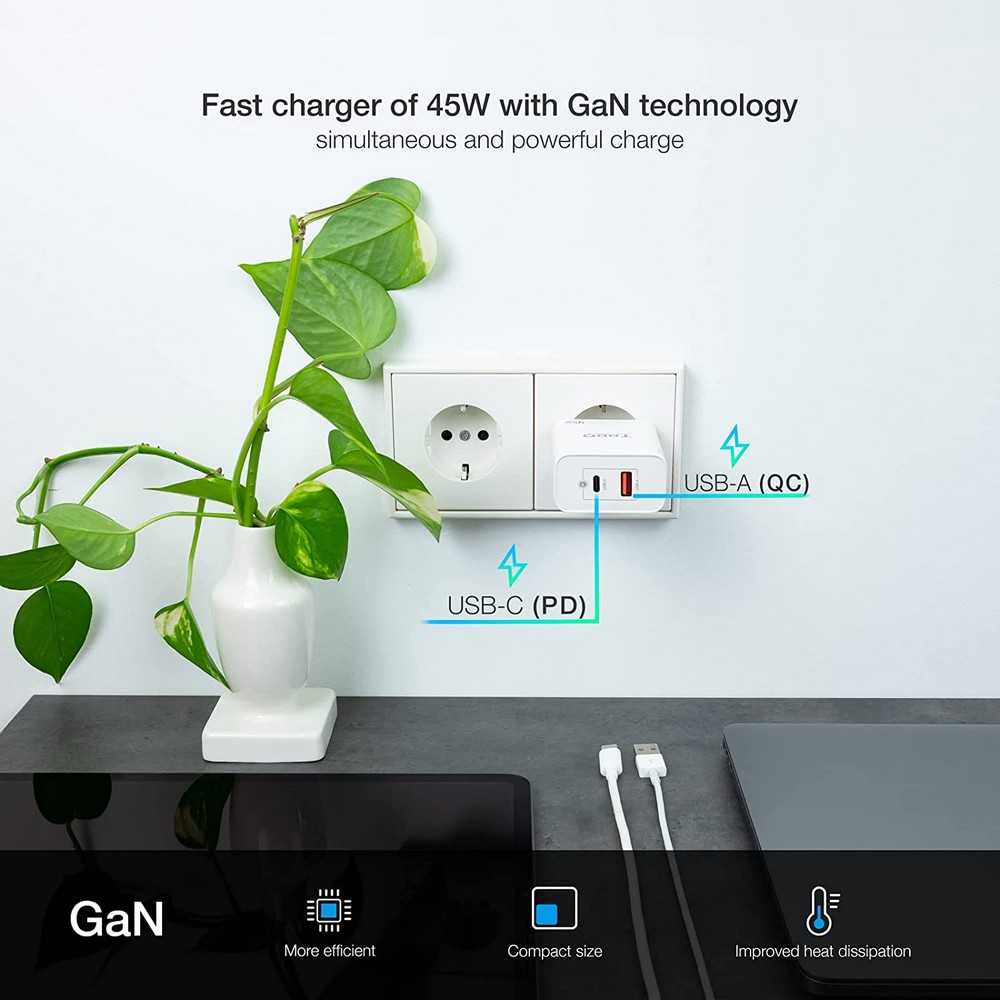 TOOQ Cargador de Pared con Puerto USB-C y Otro Puerto USB-A 45W