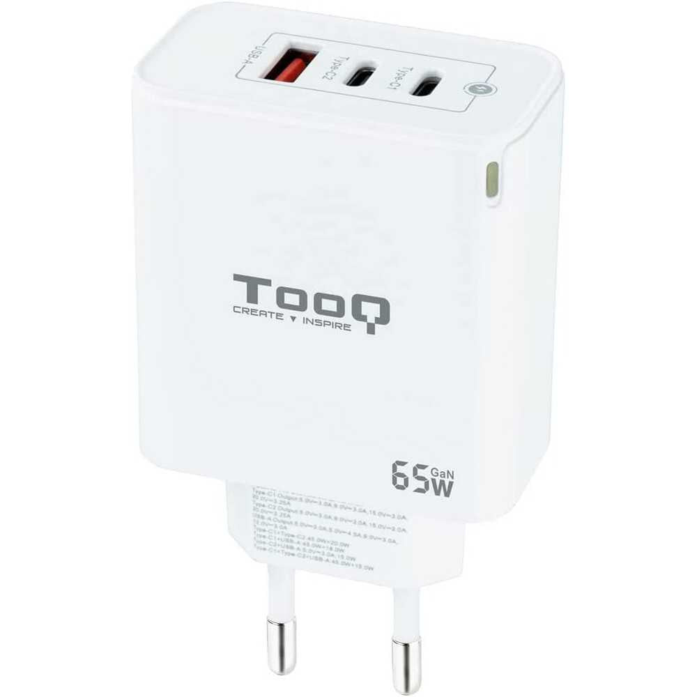 TOOQ TQWC Cargador de Pared de 3 Puertos, 2 Puertos USB-C PD y un Puerto USB-A QC 65W Color Blanco