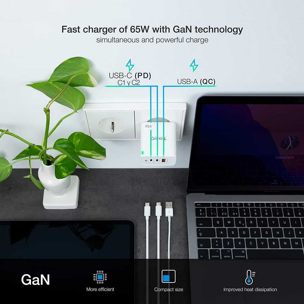 TOOQ TQWC Cargador de Pared de 3 Puertos, 2 Puertos USB-C PD y un Puerto USB-A QC 65W Color Blanco