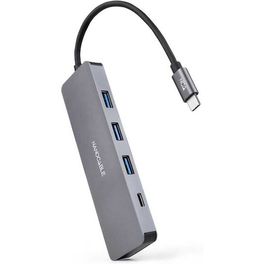 Nanocable Hub Conversor de USB-C a 3 Puertos USB-A 3.0 Hembra + 1 Puerto USB-C Hembra, Aluminio, Gris, 10cm