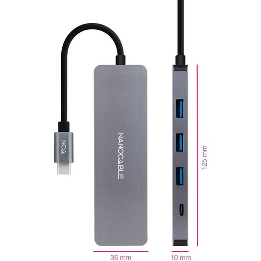 Nanocable Hub Conversor de USB-C a 3 Puertos USB-A 3.0 Hembra + 1 Puerto USB-C Hembra, Aluminio, Gris, 10cm