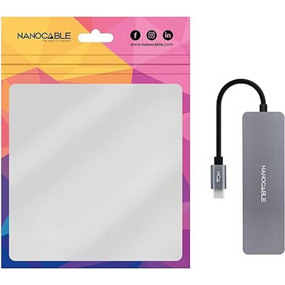 Nanocable Hub Conversor de USB-C a 3 Puertos USB-A 3.0 Hembra + 1 Puerto USB-C Hembra, Aluminio, Gris, 10cm