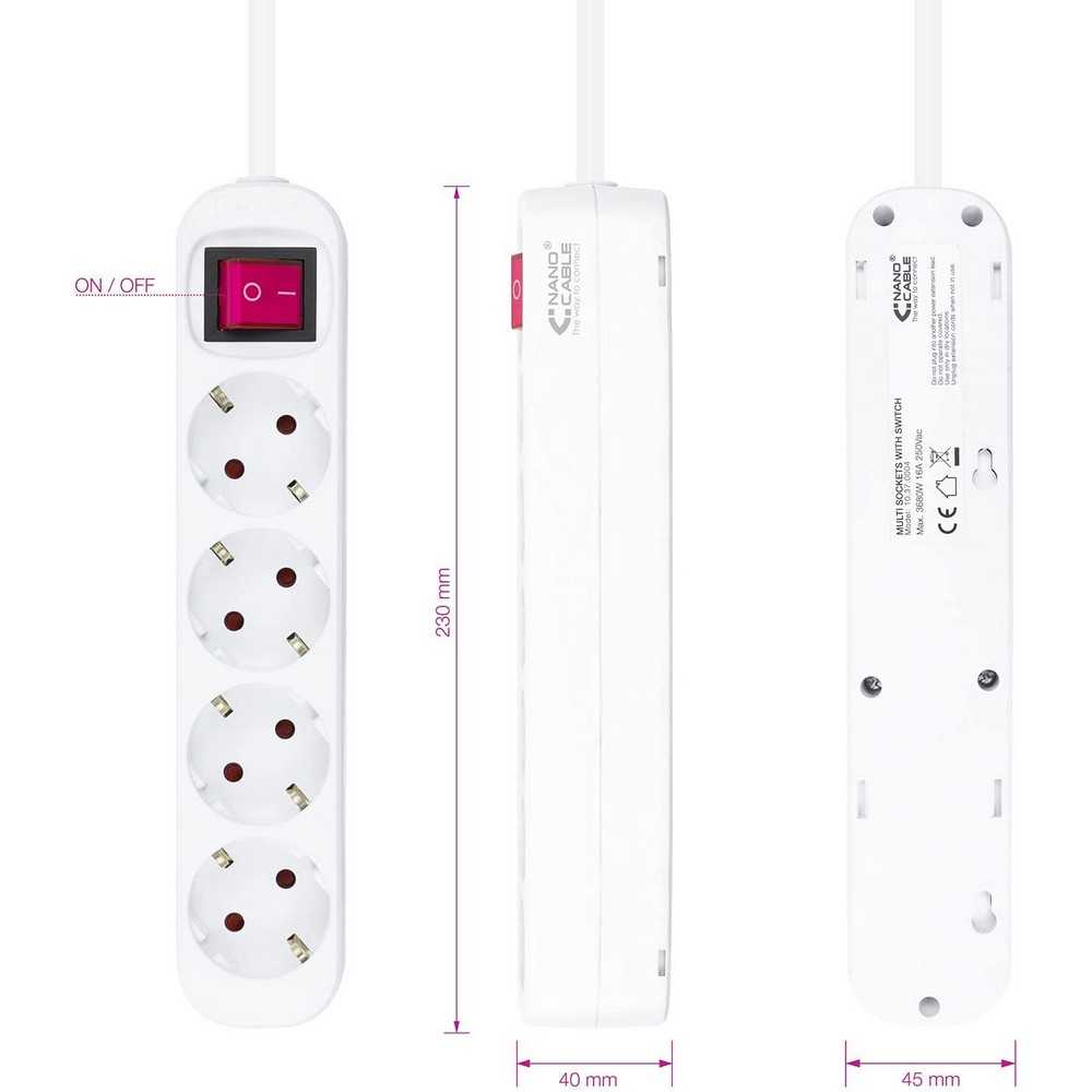 Nanocable Regleta de Enchufe con interruptor de 4 tomas, 250V color Blanco cable 1,4 m