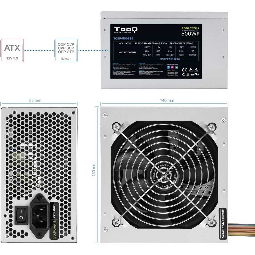 Fuente de Alimentación TooQ ATX 500W con PFC Pasivo, Ventilador silencioso de 120mm con control