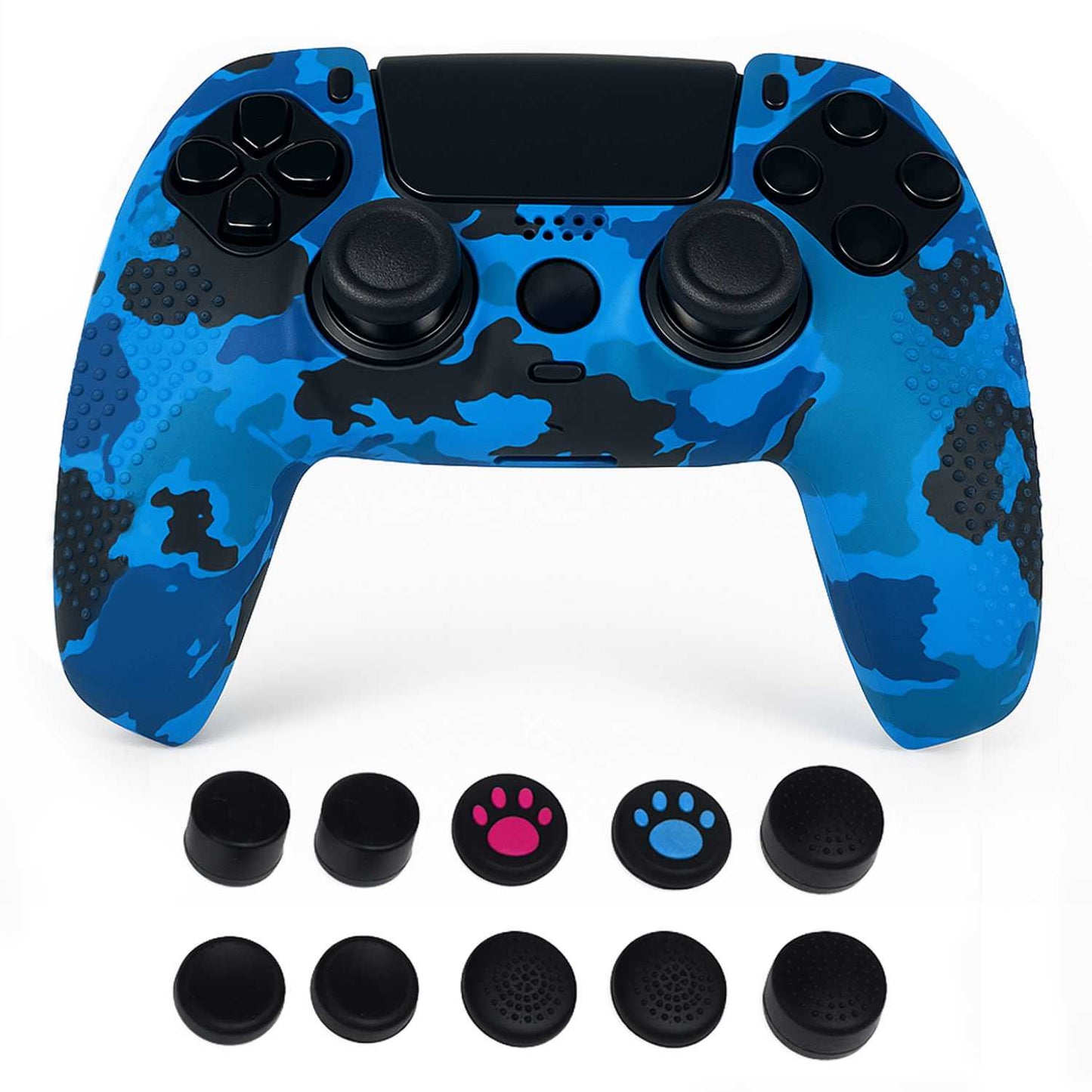OcioDual Funda Mando Consola, Funda para Mando Compatible con PS5, Camuflaje Azul, Carcasa + Grips, Sticker Touchpad,