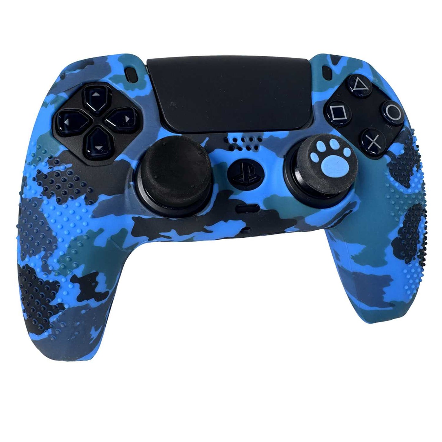 OcioDual Funda Mando Consola, Funda para Mando Compatible con PS5, Camuflaje Azul, Carcasa + Grips, Sticker Touchpad,