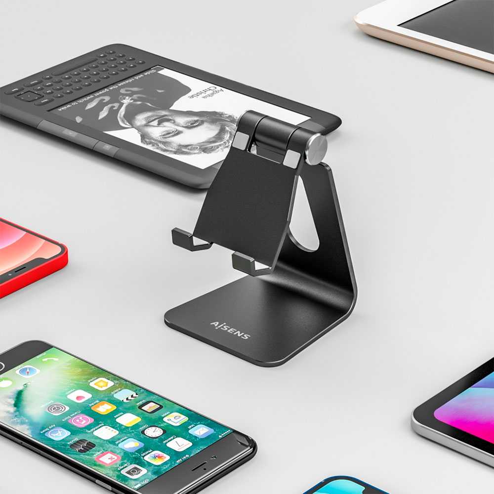 Soporte TAMAÑO M DE SOBREMESA Ajustable (1 PIVOTE) para TELEFONO/Tablet, Negro