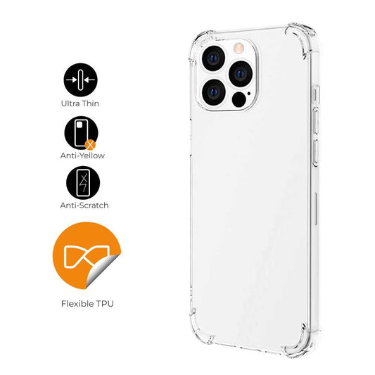 Funda de TPU para iPhone 14 Pro MAX, Carcasa Flexible con Esquinas Reforzadas Antigolpes, Protección en Cámaras, Silicona Transparente