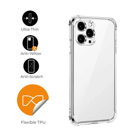 Funda de TPU para iPhone 15 Pro Max, Carcasa Flexible con Esquinas Reforzadas Antigolpes, Protección en Cámaras, Silicona Transparente