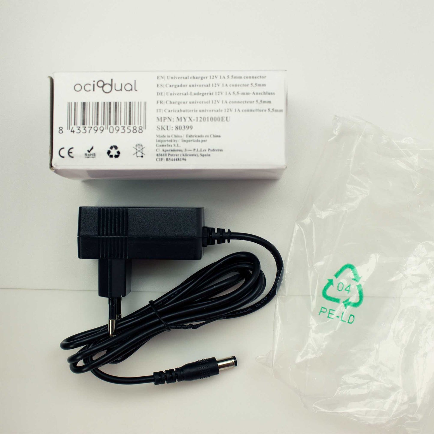 Adaptador de Corriente 12V 1A Conector DC 5.5mm, Fuente de Alimentación jack de conexión 5,5mm Exterior y 2,5mm Interno, Input 100-240V~50/60Hz 0.5A Max, Output 12V~1.0A