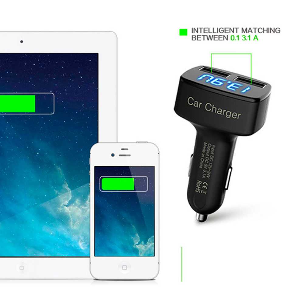 Cargador de Coche para Smartphone 2x USB Doble Mechero Amperimetro Voltimetro