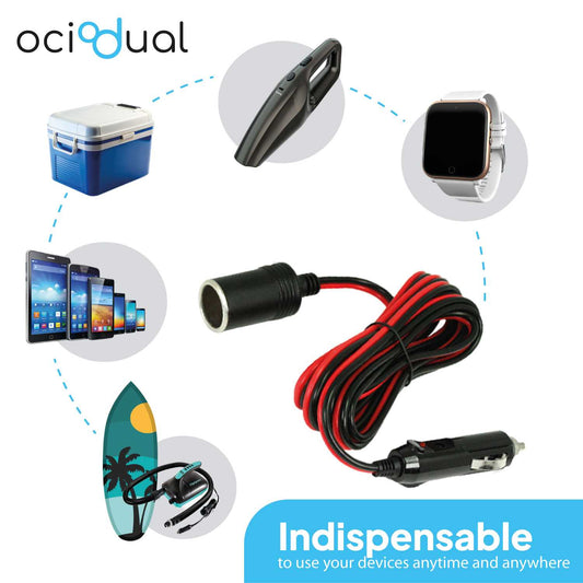 OcioDual Cable Mechero Coche de 1 Metro, Alargador Enchufe 12V, Extensor Mecheros, Accesorios Coche, 12V/24V 15A Cable Alargador