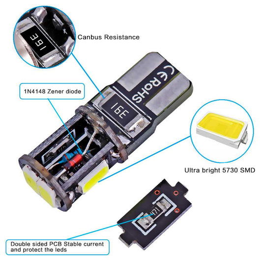 2 x Bombillas 6 LED 5730 SMD CANBUS T10 W5W Posicion Bombilla Blanco