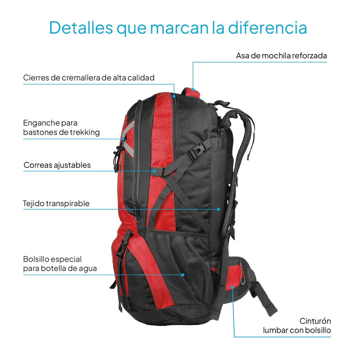 Mochila 60 Litros Impermeable Rojo de Senderismo Montaña Montañero Viaje Acampada Acampar Aire Libre Trekking 60L