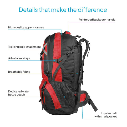 OcioDual Mochila Senderismo 60 Litros, Mochila Trekking, Montaña y Camino de Santiago, Multifuncional, Ligera, Mochilas Hombre C/Rojo