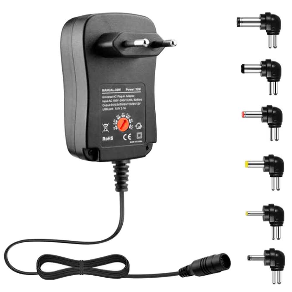 Cargador Adaptador Transformador 30W Regulable EU 2 Pin DC USB 3V-12V Negro Adapter Charger Power Supply Voltage