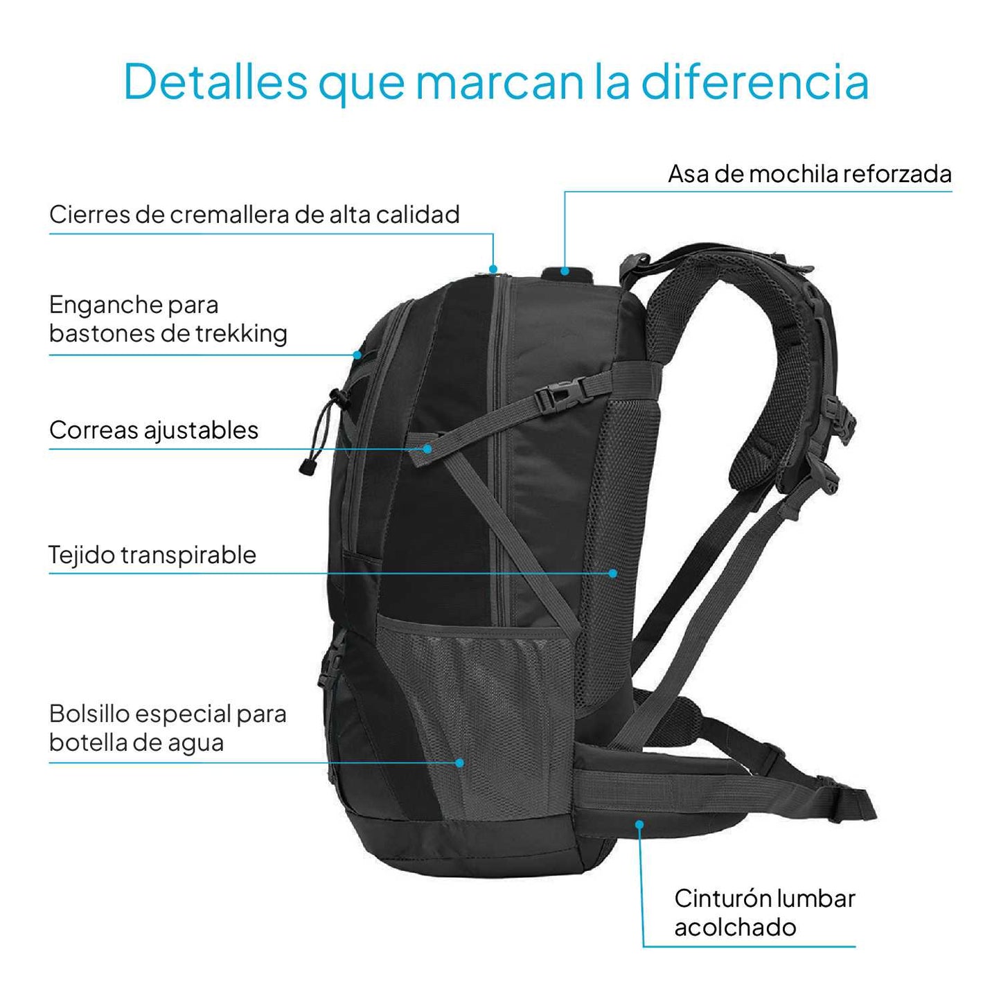 Mochila 40 Litros Impermeable Negra de Senderismo Montaña Montañero Viaje Acampada Acampar Aire Libre Trekking 40L