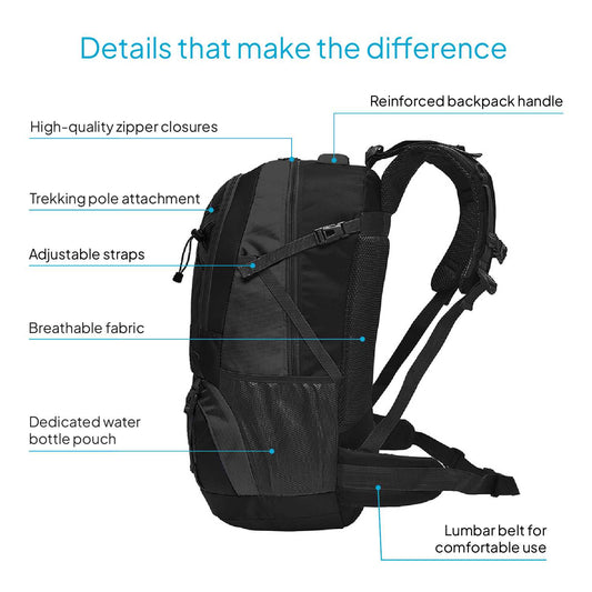 Detalles de mochila de trekking negra 40L con cremalleras, correas ajustables y respaldo acolchado